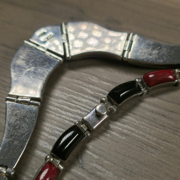 950 MEXICO SILVER JASPER & ONYX HINGED NECKLACE - Picture 5 of 8